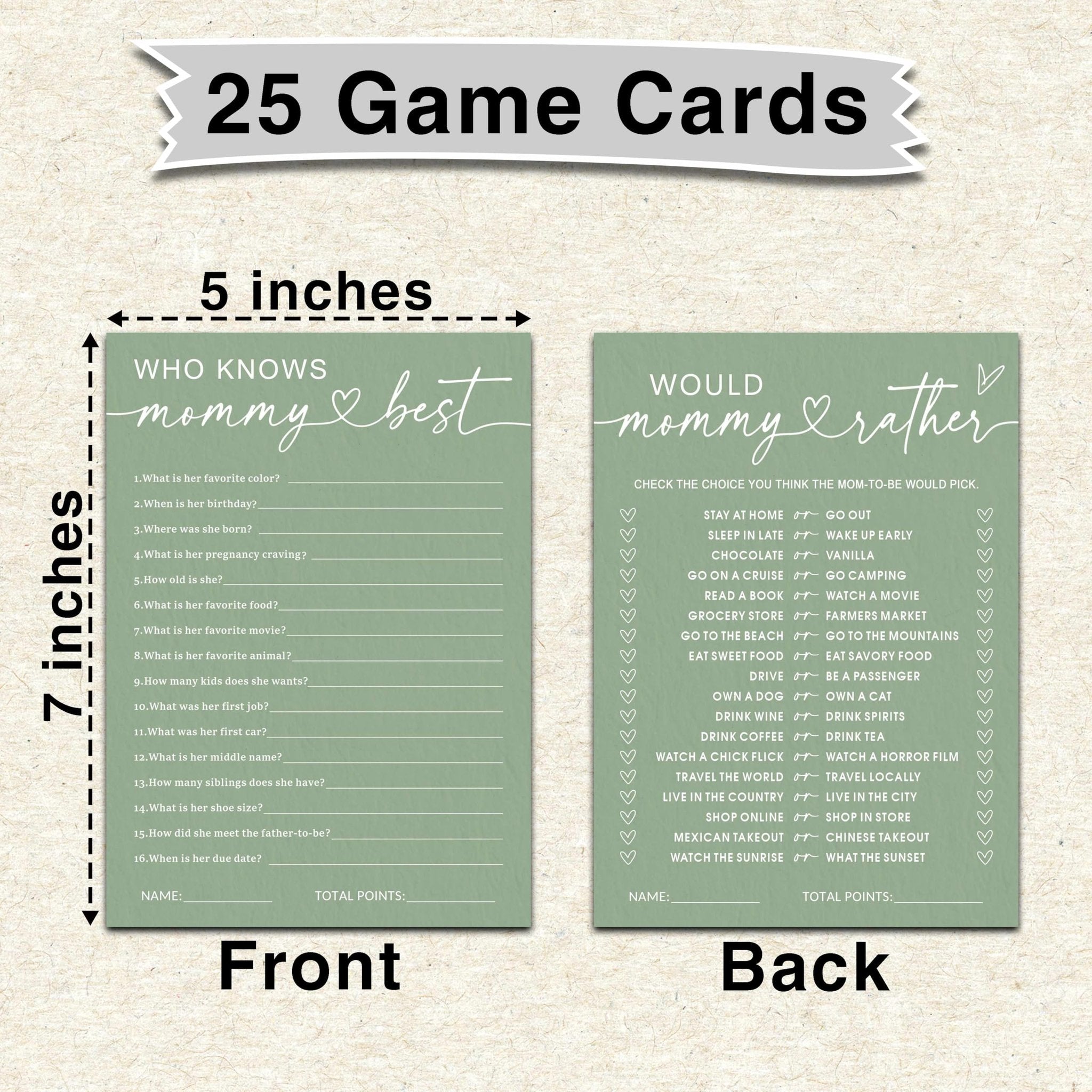 Baby shower game cards, front and back, showing 'Who Knows Mommy Best' and 'Would Mommy Rather' questions. Includes dimensions 5x7 inches.