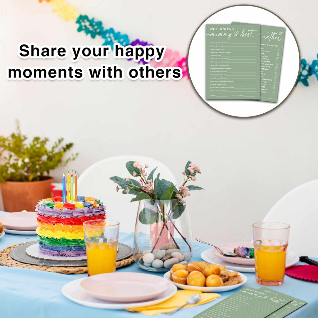 Baby shower game cards on a table with a rainbow cake and drinks, with text overlay 'Share your happy moments with others'.