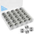 Set of 25 metal sewing machine bobbins in a clear storage case, with four bobbins shown outside the case.