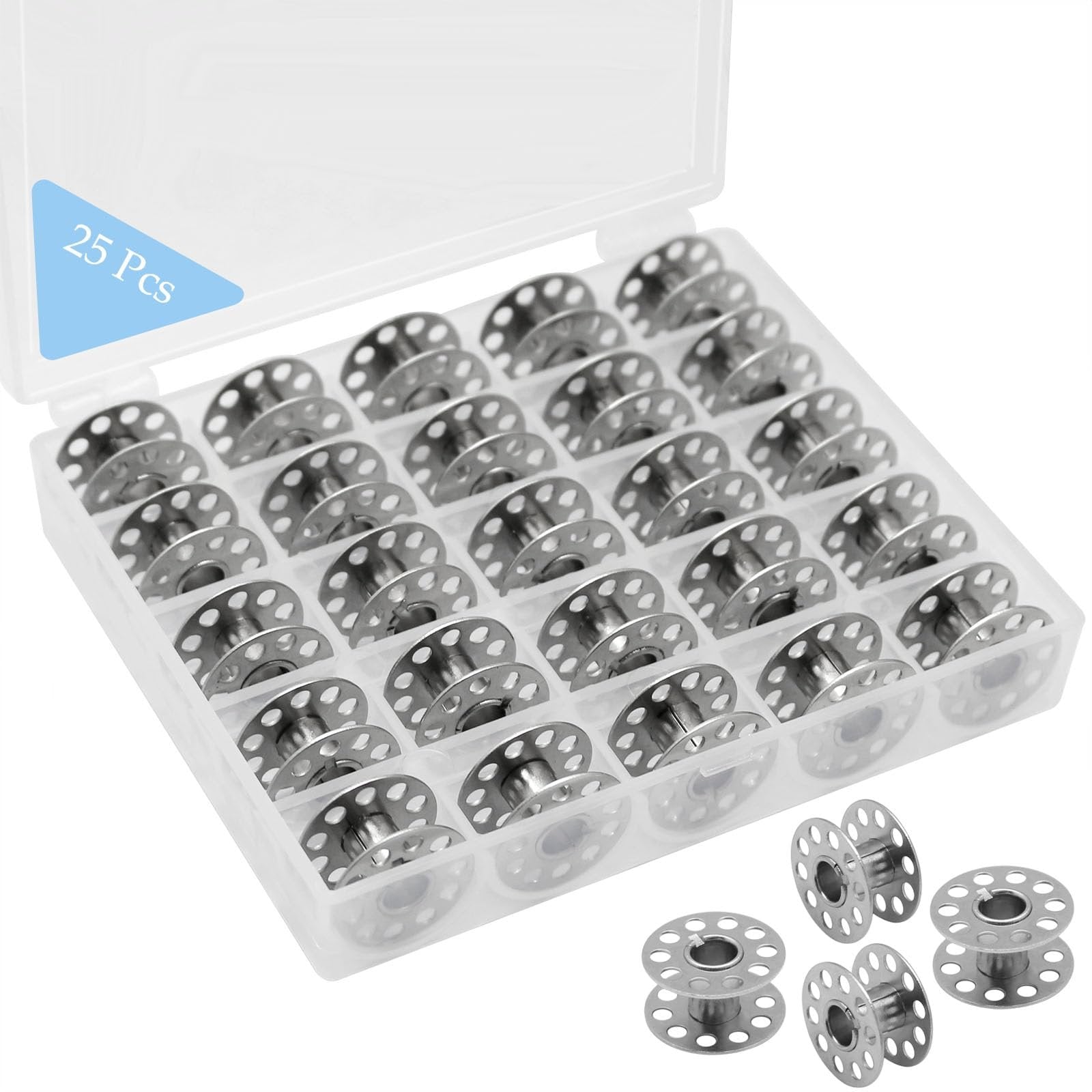 Set of 25 metal sewing machine bobbins in a clear storage case, with four bobbins shown outside the case.
