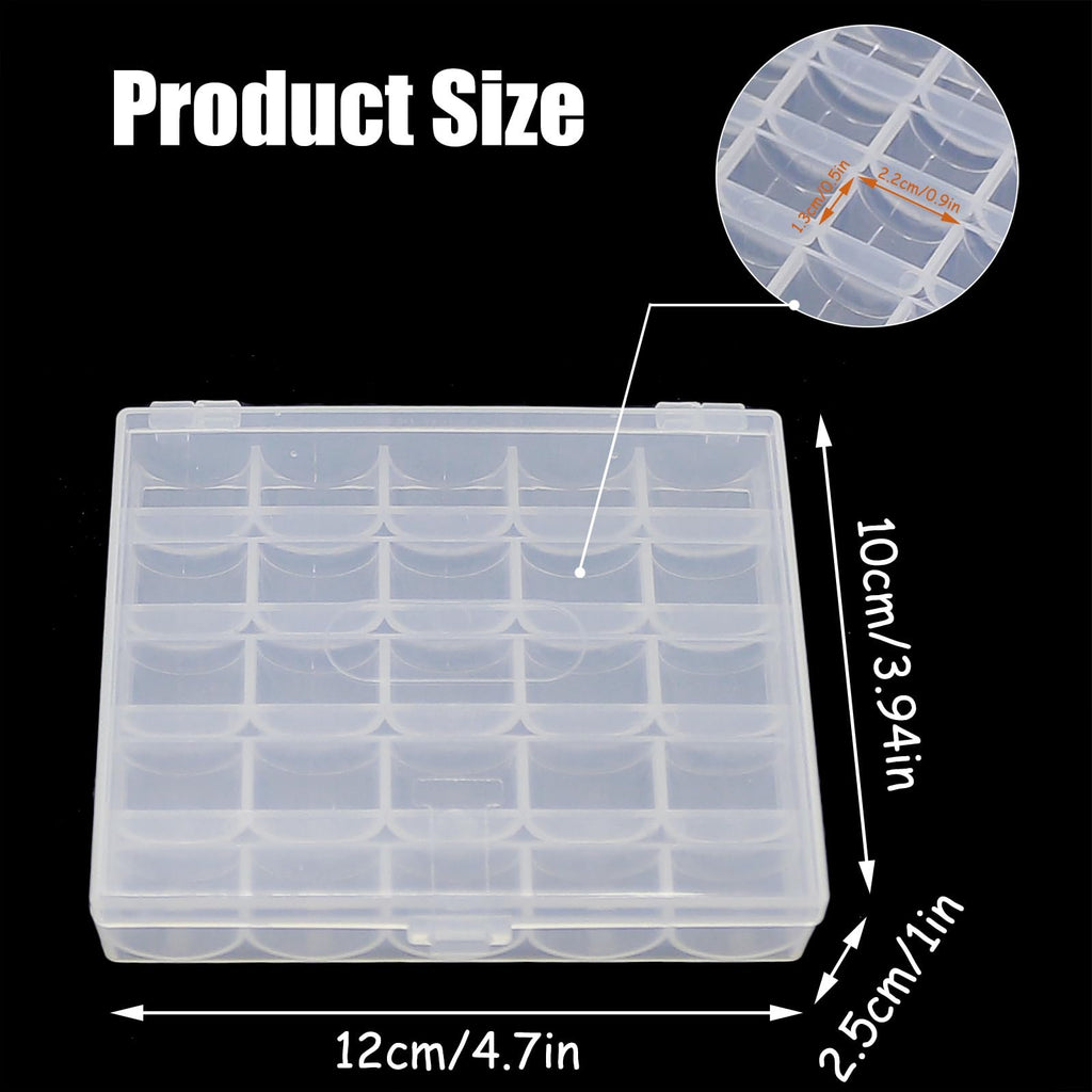 Clear plastic storage box with 25 compartments for sewing machine bobbins, showing dimensions.