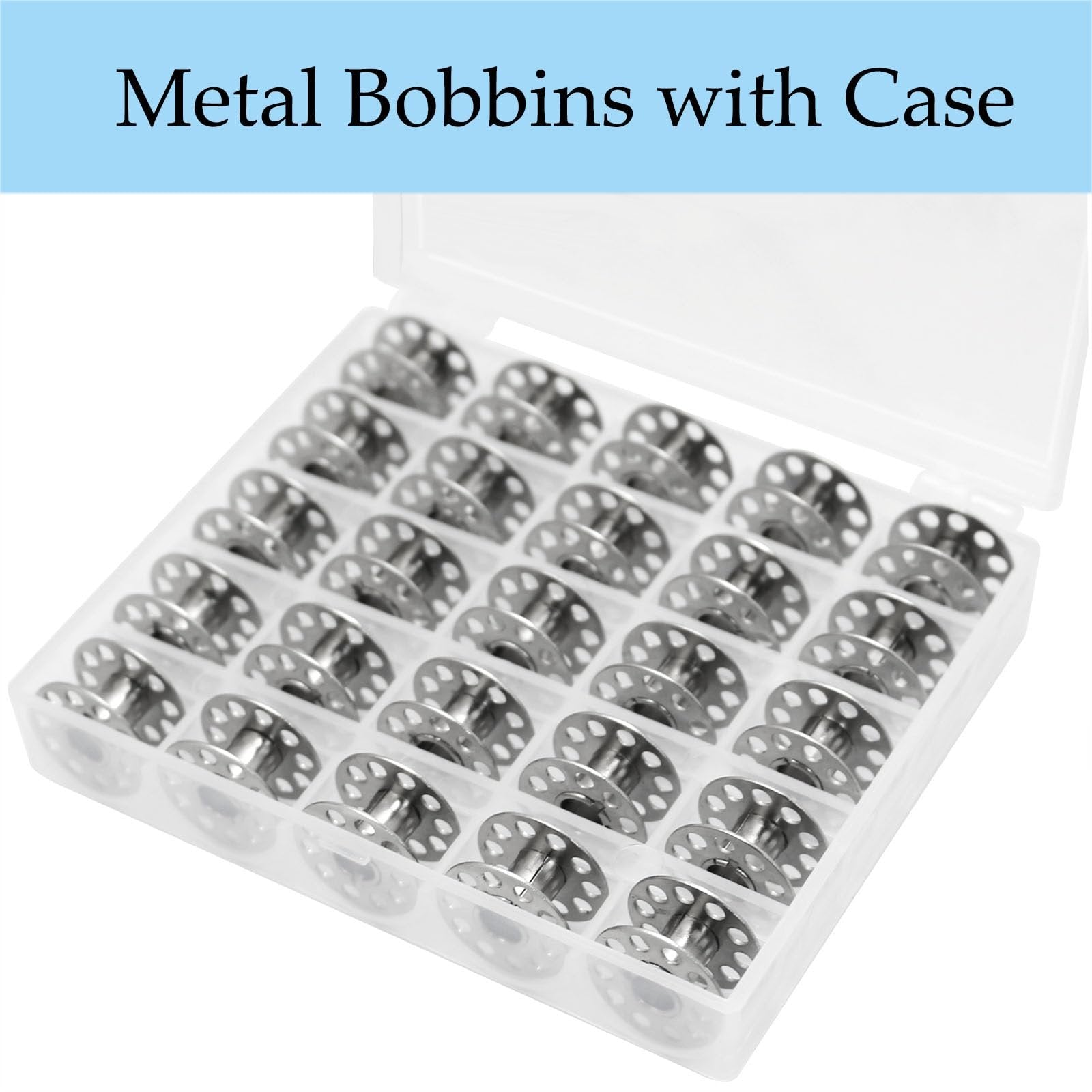 Set of 25 metal sewing machine bobbins neatly organized in a clear plastic storage case, shown from a slightly elevated angle.