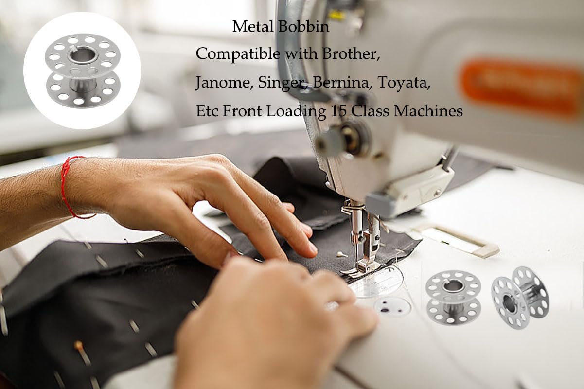 Metal sewing machine bobbins shown with a person sewing fabric on a machine.
