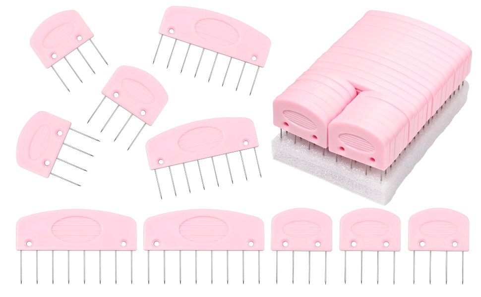 Pink knitting blocking combs kit with 13 large 8-pin and 12 small 4-pin combs arranged on a white background