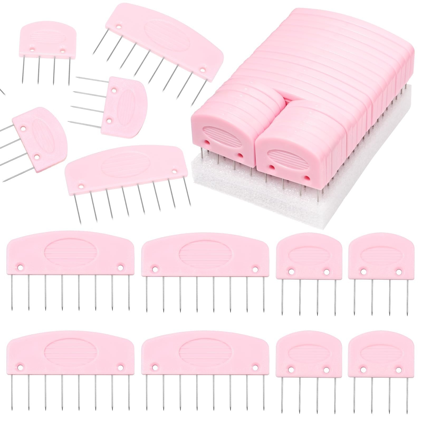 Pink knitting blocking combs kit with 13 large 8-pin and 12 small 4-pin combs arranged on a white background.