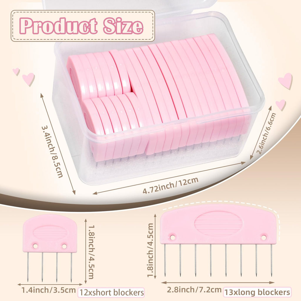 Pink knitting blocking combs kit in a clear plastic case with size dimensions shown.