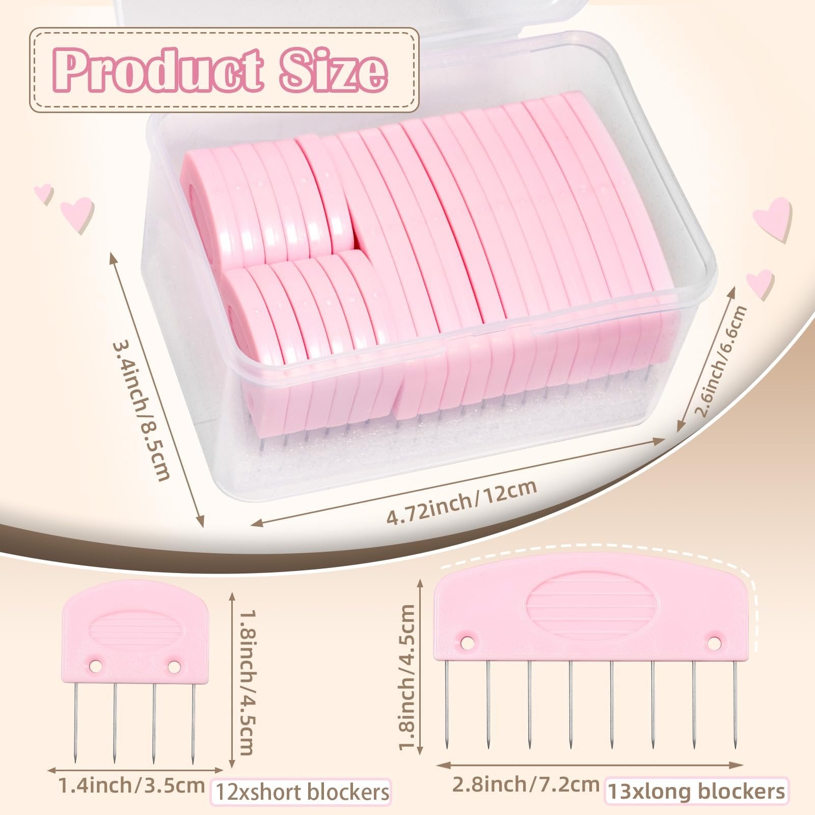 Pink knitting blocking combs kit in a clear plastic case with size dimensions shown.
