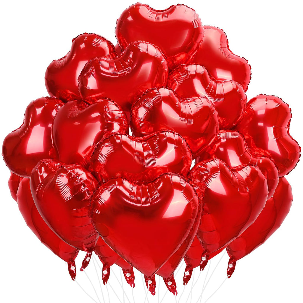 A large cluster of shiny red heart-shaped foil balloons against a white background.