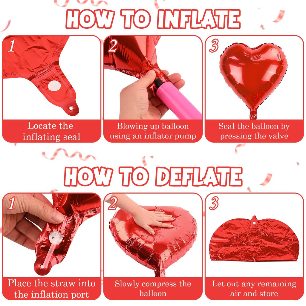 Instructions for inflating and deflating a red heart-shaped foil balloon with numbered steps and text descriptions.