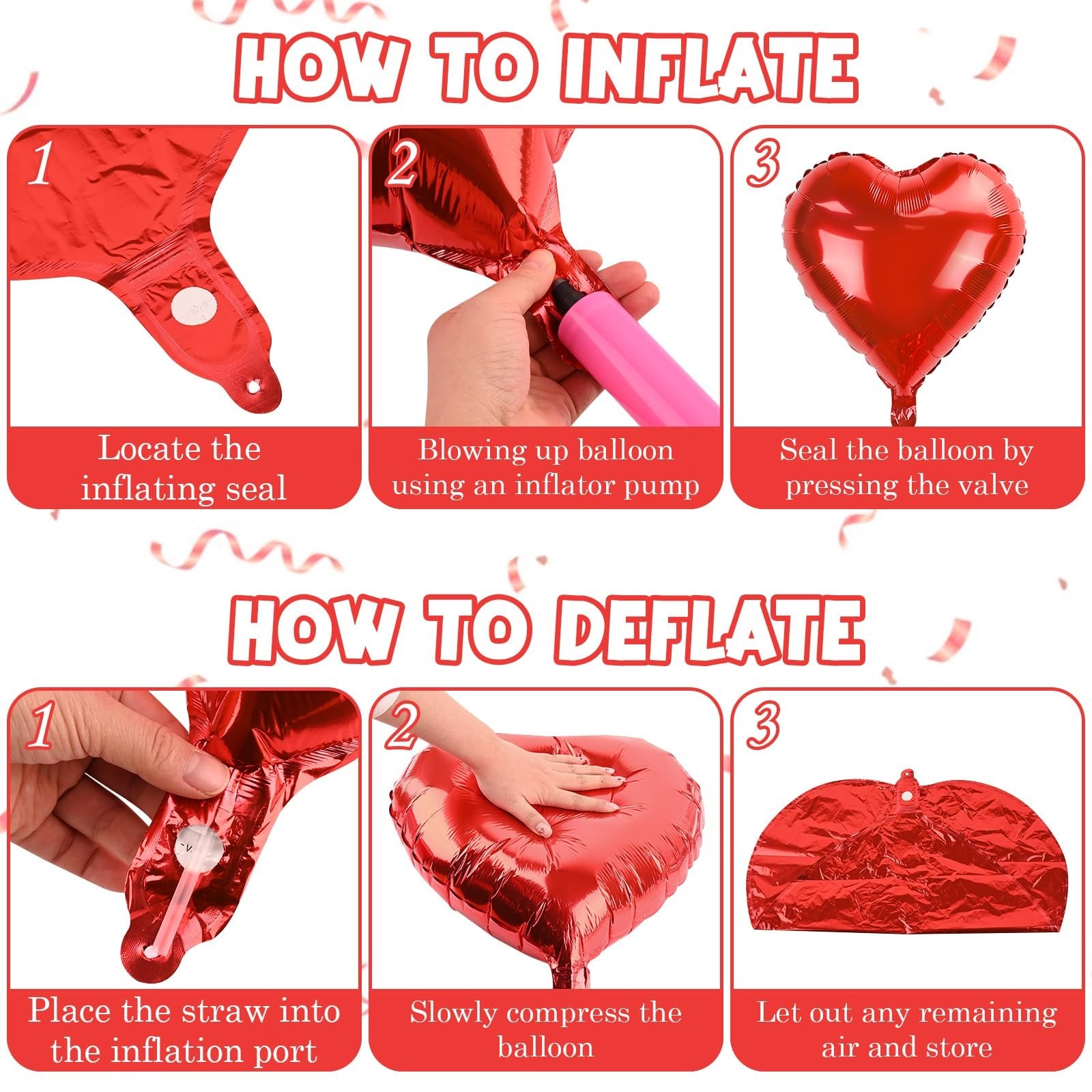 Instructions for inflating and deflating a red heart-shaped foil balloon with numbered steps and text descriptions.