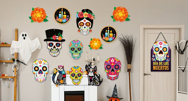 Day of the Dead sugar skull cutouts and decorations displayed on a wall and door for Halloween or Fiesta party decor.