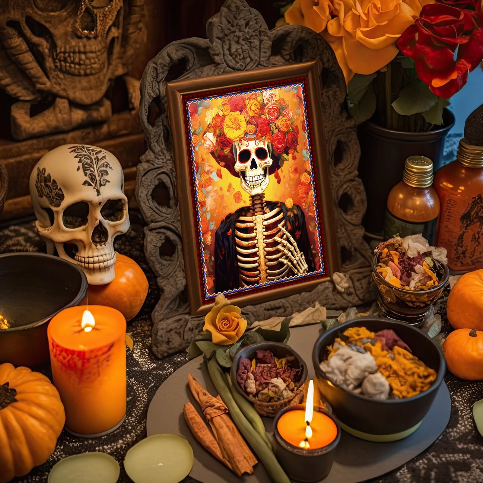 Day of the Dead altar scene with a framed sugar skull portrait, skulls, pumpkins, candles, and decorative bowls.