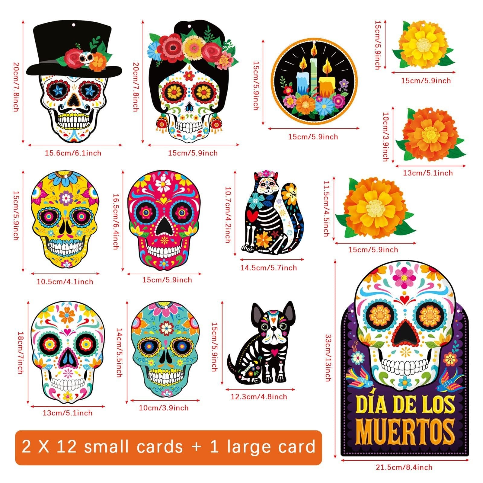 Day of the Dead sugar skull cutouts and decorations with size dimensions shown