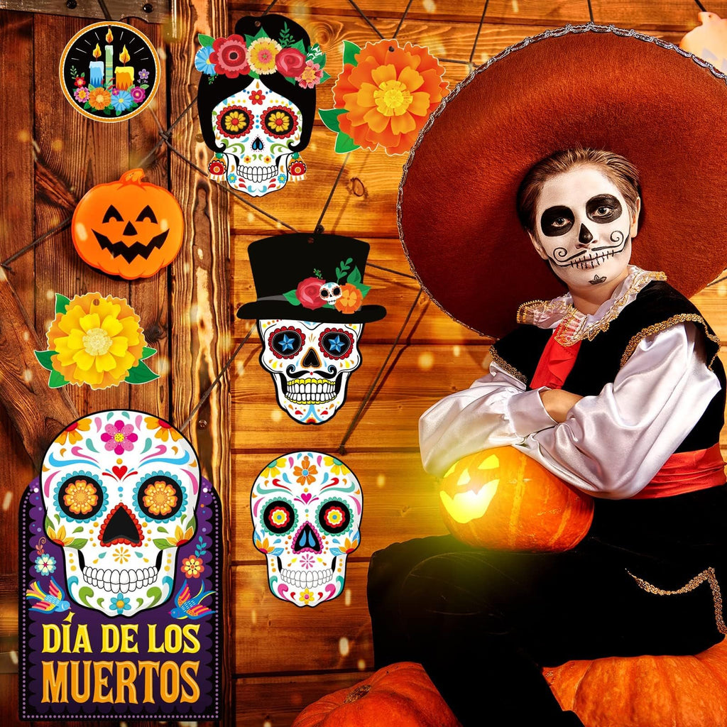Day of the Dead sugar skull cutouts and a child in costume with face paint, holding a pumpkin
