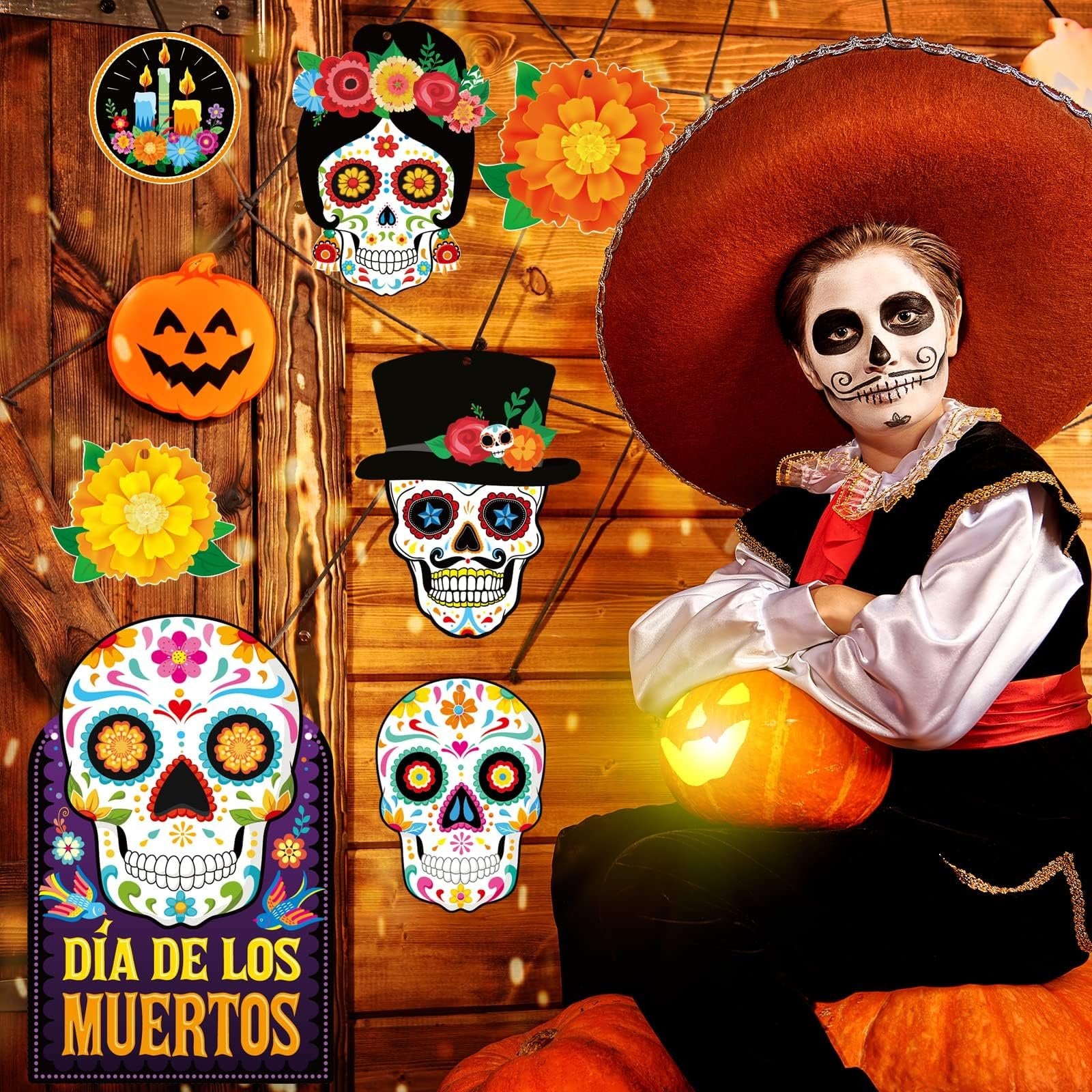 Day of the Dead sugar skull cutouts and a child in costume with face paint, holding a pumpkin