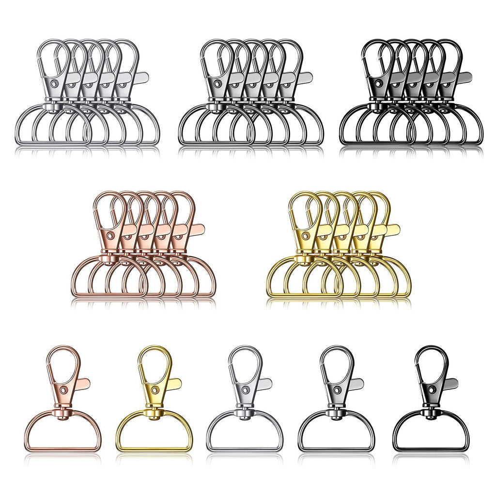 Assortment of swivel clasp hooks and D-ring keychain hardware in silver, rose gold, gold, and black finishes, displayed in rows.