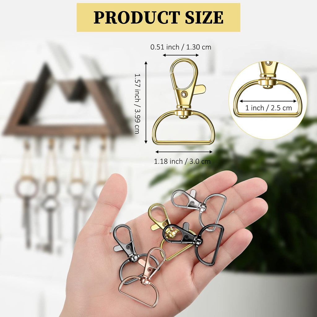 Hand holding various metal swivel clasp hooks in gold, silver, black, and rose gold, with size dimensions overlaid.