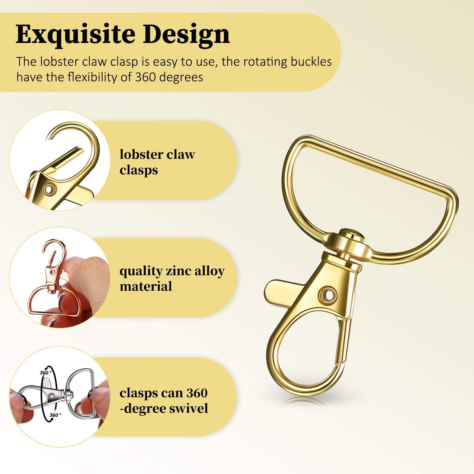 Gold-tone swivel clasp hook with D-ring, shown with inset images highlighting features.