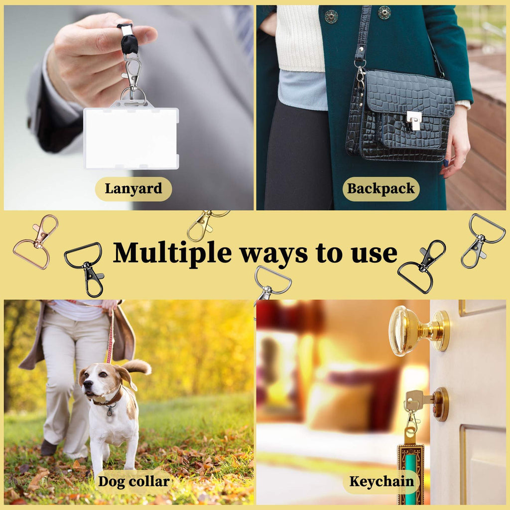 Collage showing four ways to use swivel clasp hooks: lanyard with ID badge, handbag, dog collar, and keychain on a door lock.