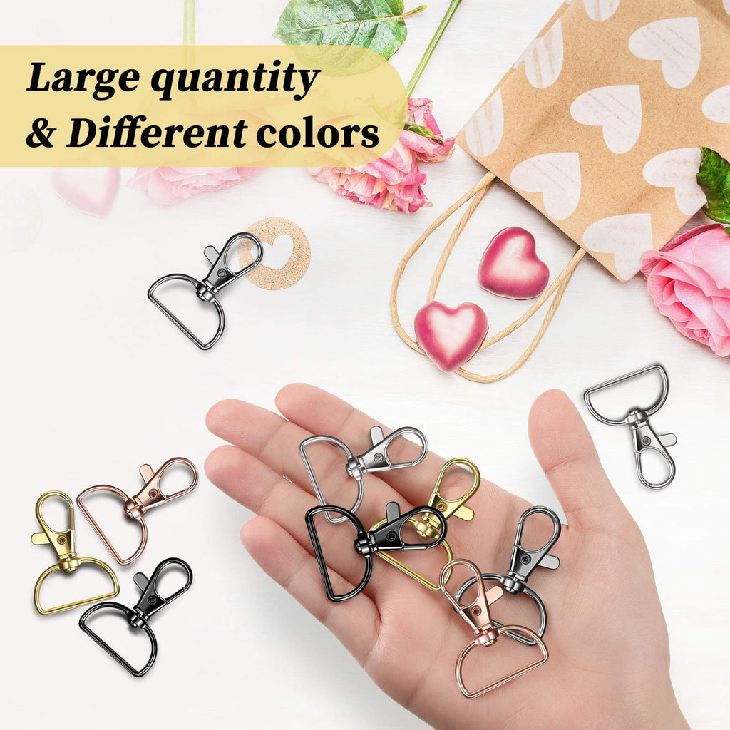 Hand holding various metal swivel clasp hooks in silver, gold, black, and rose gold colors, with a decorative bag and flowers in the background.