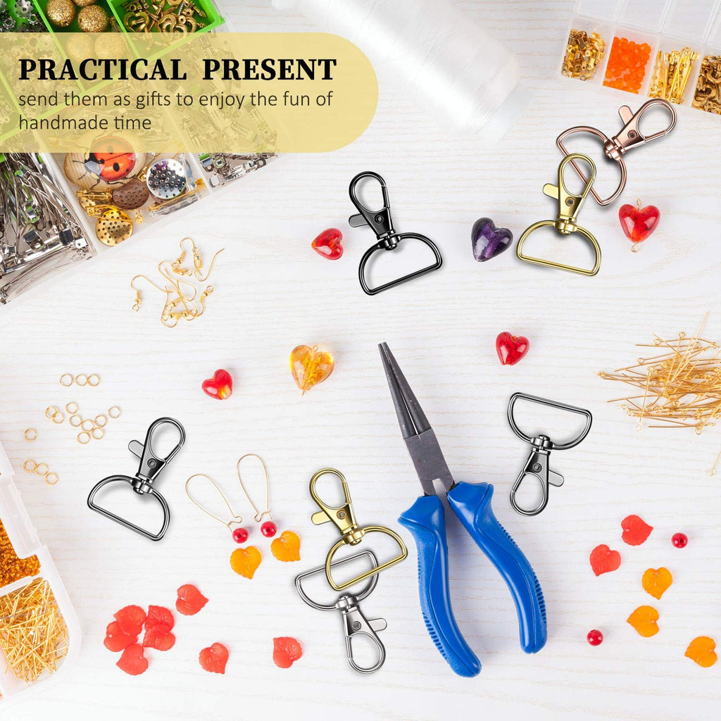 Keychain making kit components including swivel clasp hooks, D-rings, pliers, beads, and jump rings arranged on a white wooden surface.