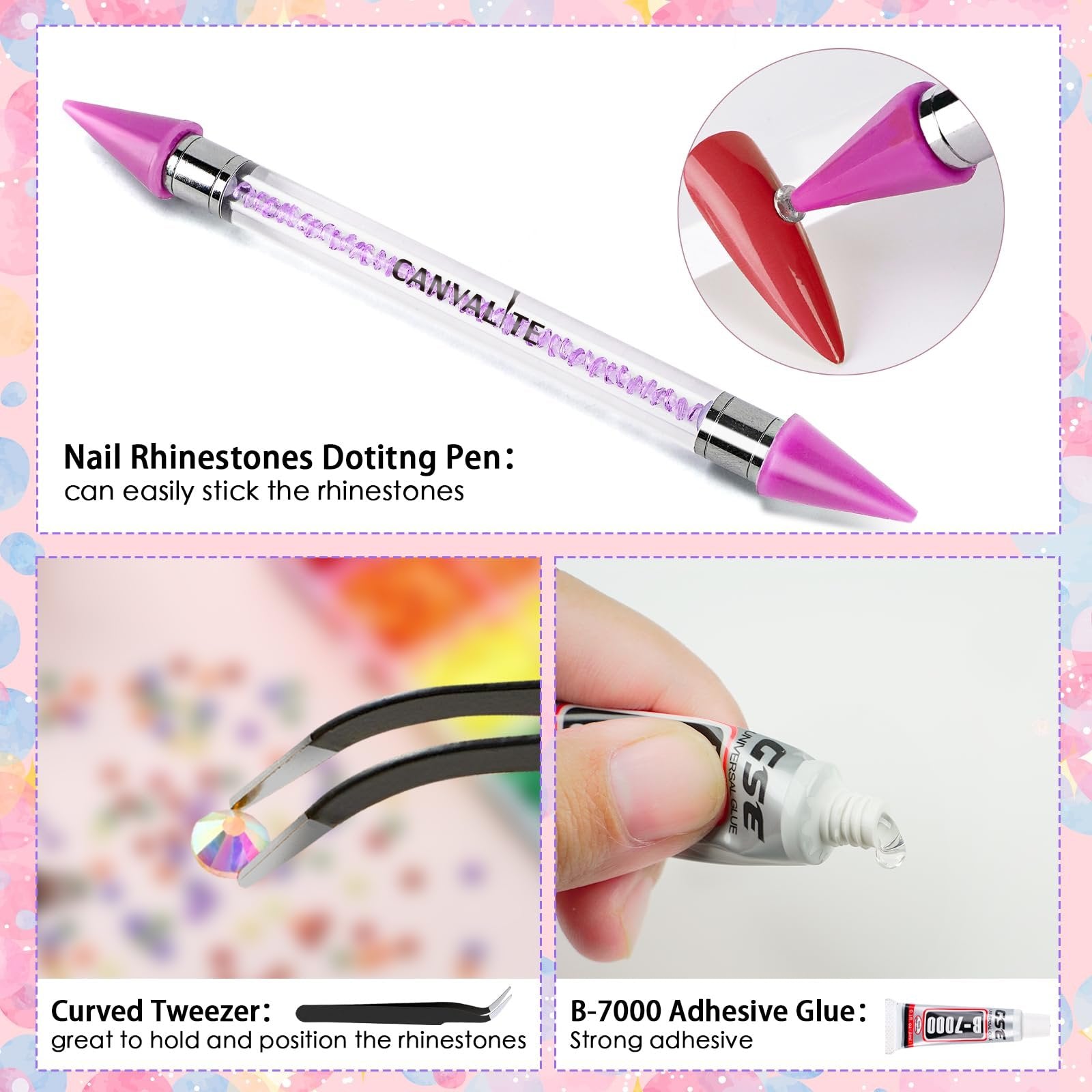 Collage of nail art tools: dotting pen with '' text, tweezers holding a rhinestone, and a tube of B-7000 glue.