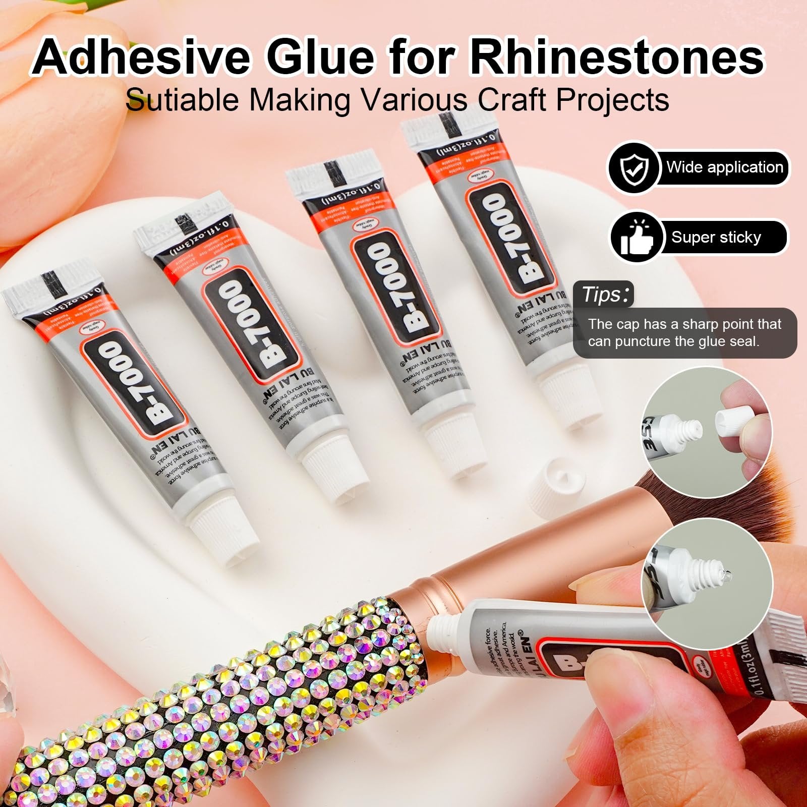 Four tubes of B-7000 adhesive glue are shown, with one tube being used to apply glue to a makeup brush covered in rhinestones.