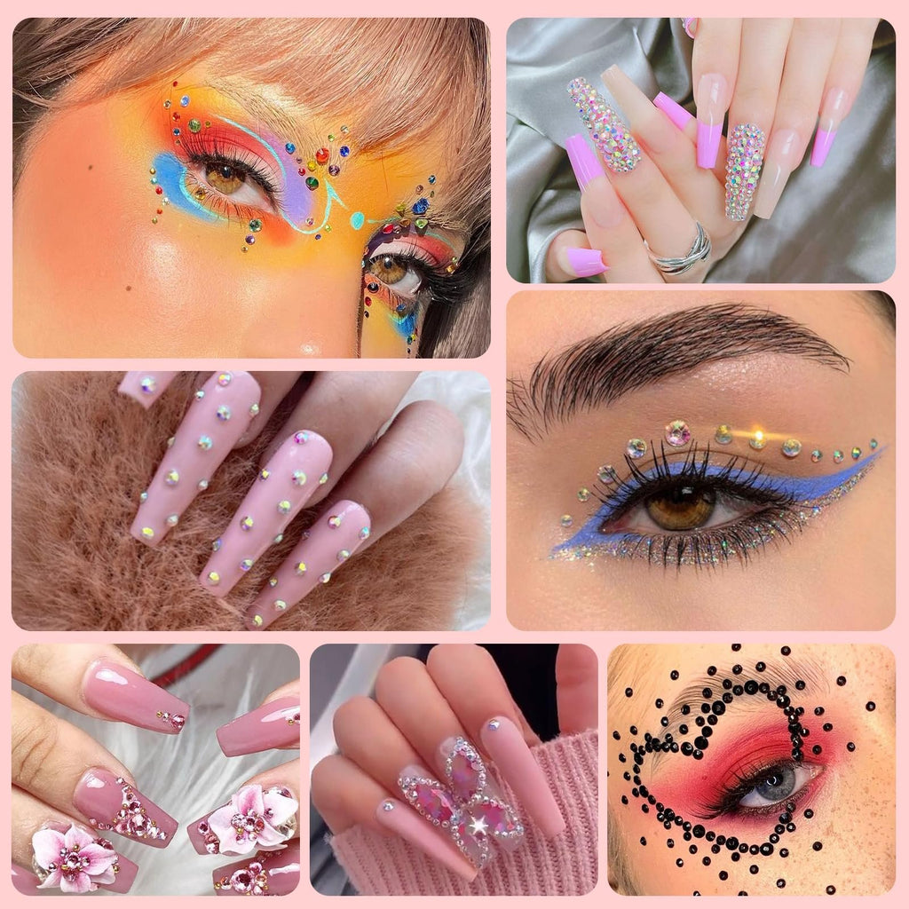 Collage of makeup and nail art featuring rhinestones and gems. Includes eye makeup with colorful gems, long nails with rhinestones, and heart-shaped gem designs.