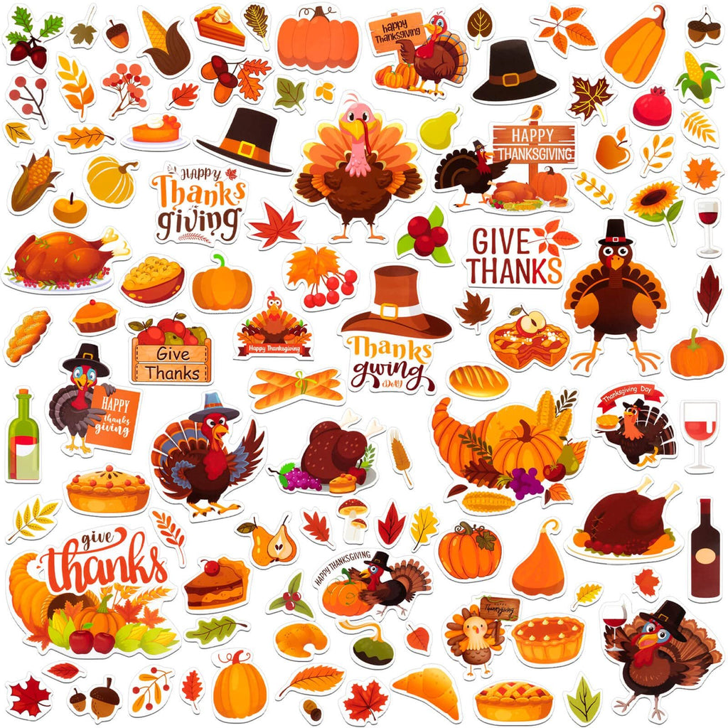 Collage of fall-themed stickers featuring turkeys, pumpkins, pies, corn, and hats for Thanksgiving crafts.
