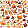 Collage of fall-themed stickers featuring turkeys, pumpkins, pies, corn, and hats for Thanksgiving crafts.