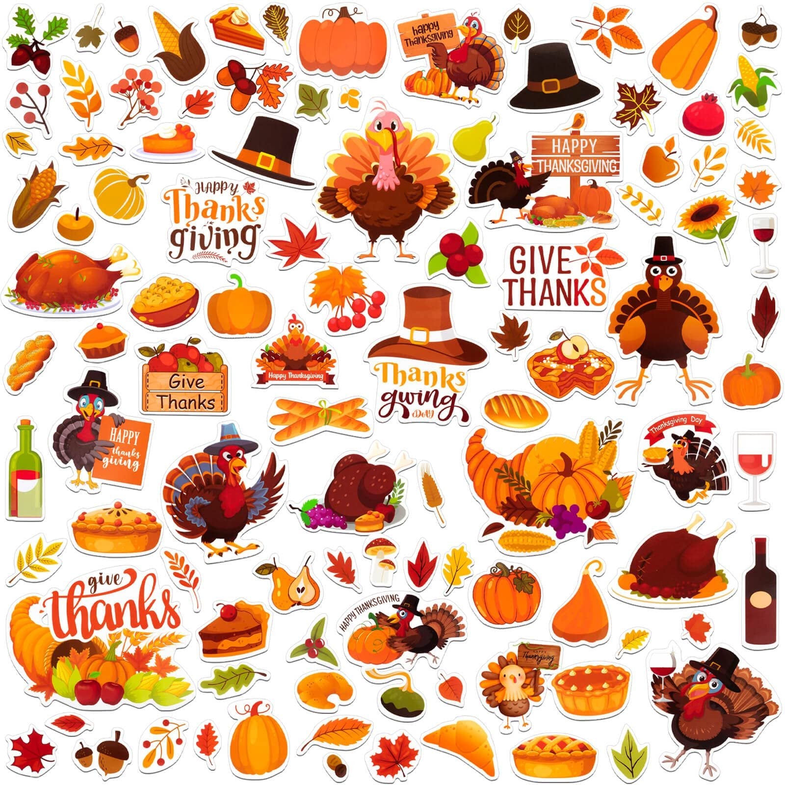 Collage of fall-themed stickers featuring turkeys, pumpkins, pies, corn, and hats for Thanksgiving crafts.
