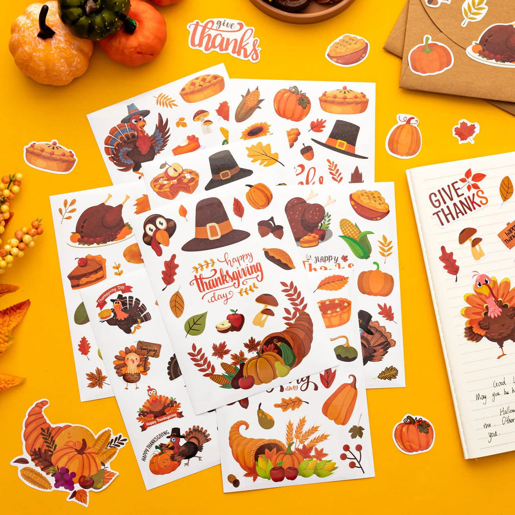 Fall themed stickers featuring turkeys, pumpkins, pies, and cornucopias scattered on a yellow background.