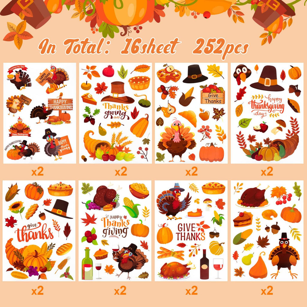 Collage of Thanksgiving-themed stickers featuring turkeys, pumpkins, pies, and fall leaves, arranged in four rows of two sheets each.