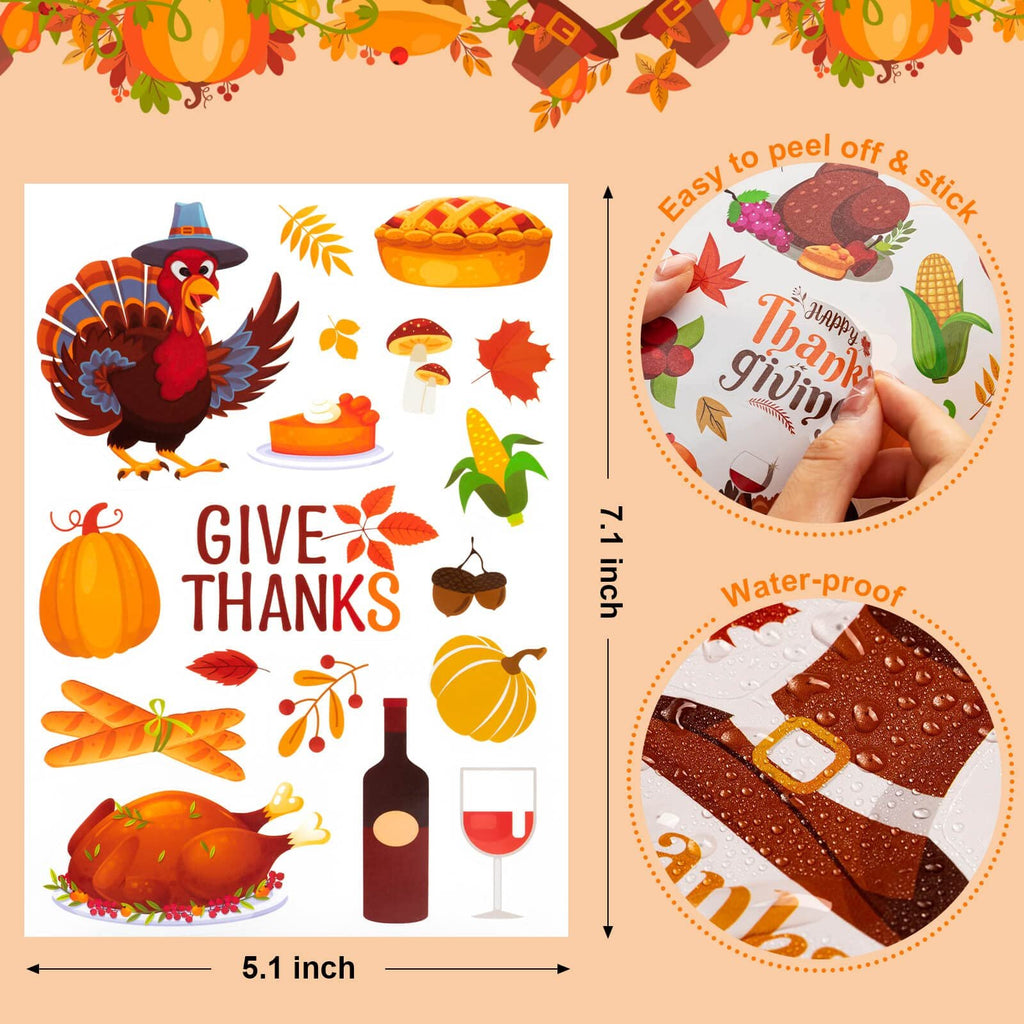 Fall themed stickers including a turkey, pie, pumpkin, and roasted chicken, with text 'GIVE THANKS'.