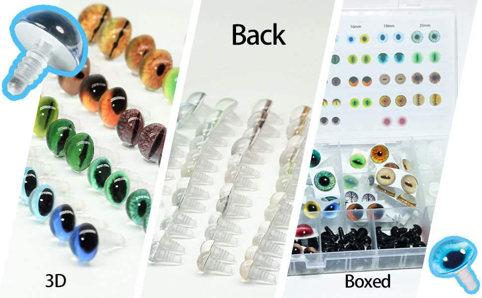 Collage of amigurumi safety eyes in various colors and designs, showing 3D eyes, backs, and a boxed assortment with sizes and noses.