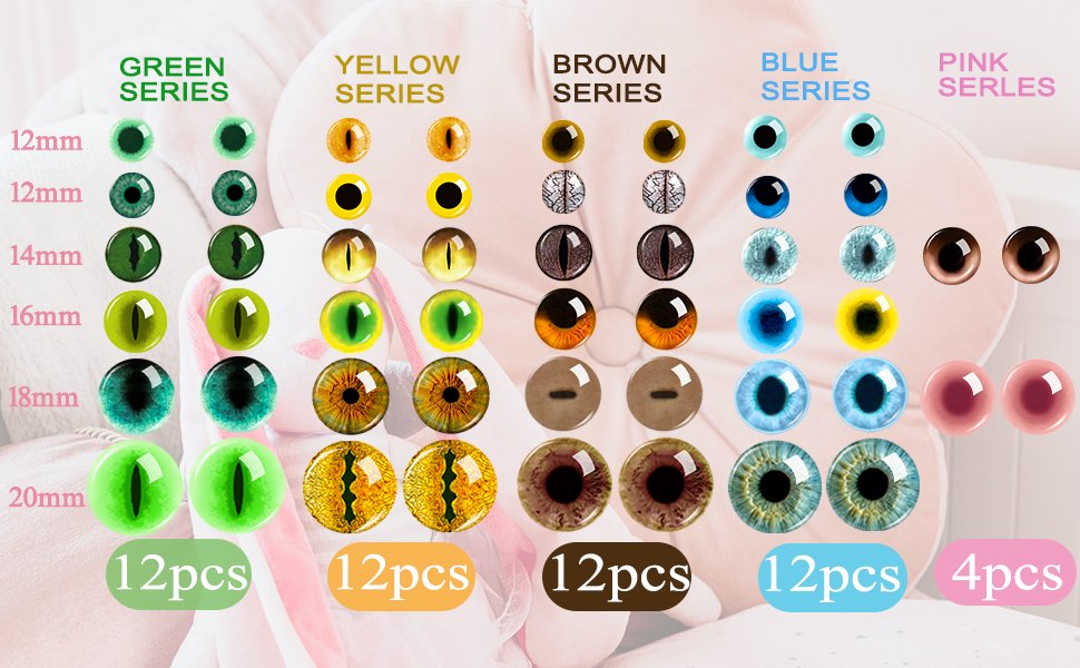 Assortment of craft safety eyes in various sizes and colors, displayed in series: green, yellow, brown, blue, and pink.