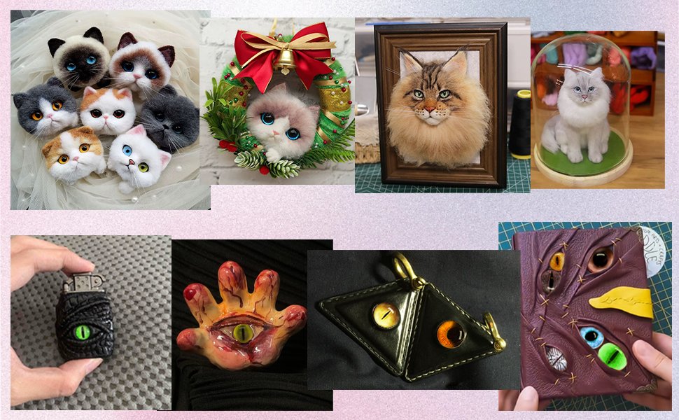 Collage of various craft projects including needle-felted cats, a cat wreath, framed cat art, a cat in a dome, a monster eye lighter, a bloody hand sculpture, eye-shaped keychains, and a book with eye embellishments.