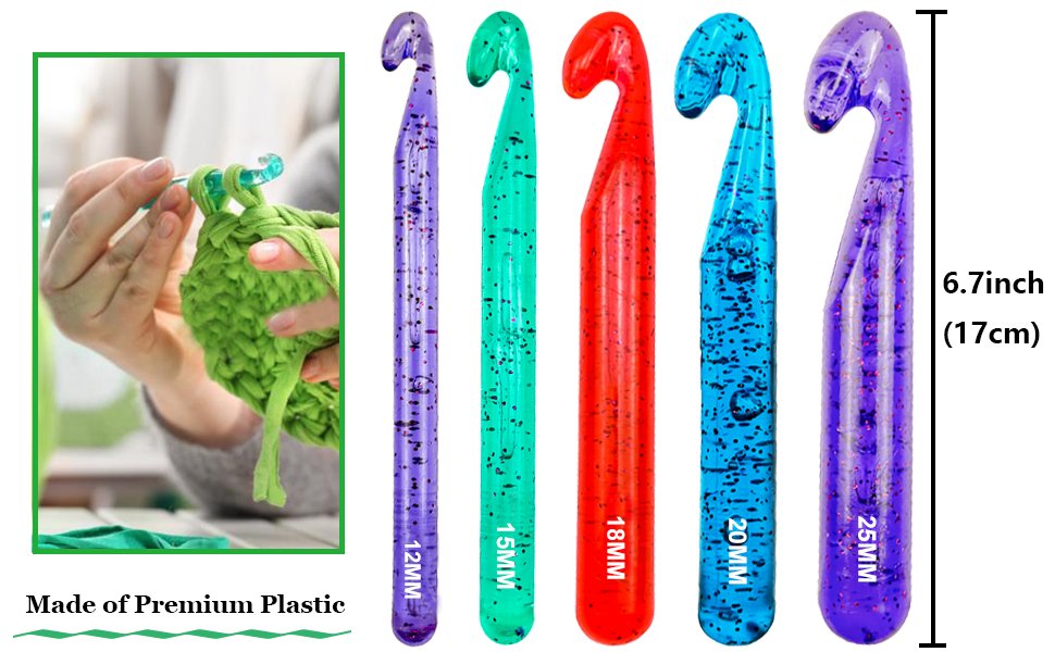Set of five large plastic crochet hooks in purple, green, red, blue, and purple with glitter, showing sizes 12mm to 25mm. A lifestyle inset shows hands crocheting with green yarn.