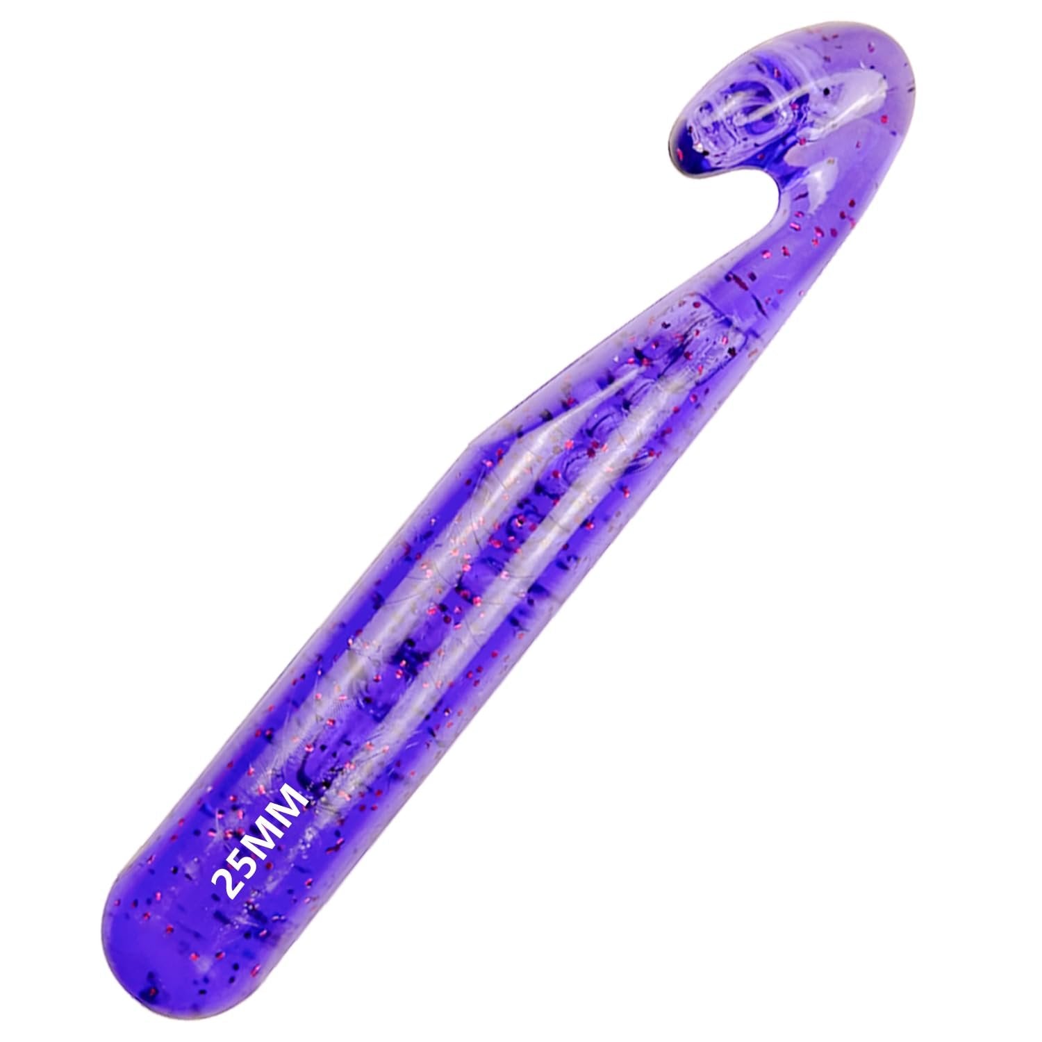 Purple 25mm large plastic crochet hook with glitter accents, angled view on white background