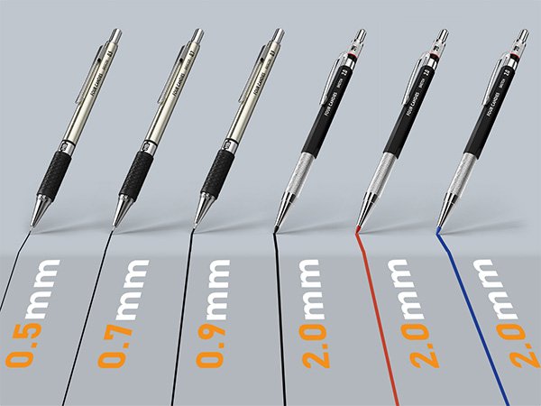 Six mechanical pencils with different lead sizes (0.5mm, 0.7mm, 0.9mm, 2.0mm) drawing lines on a gray surface.