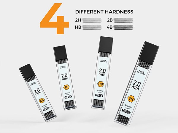 Four containers of 2.0mm graphite pencil lead in different hardnesses (HB, 2B, 4B, 2H) with brand name visible.