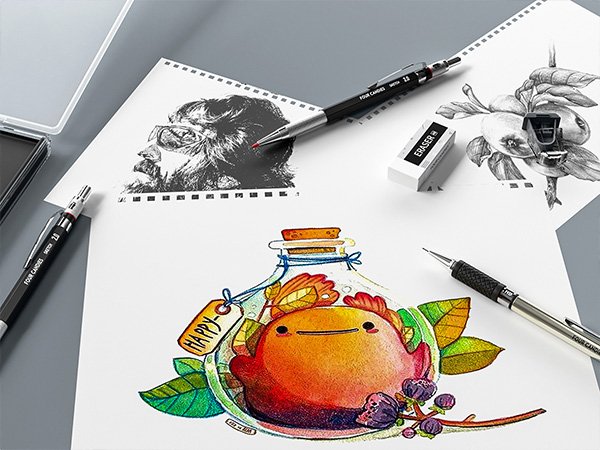 Mechanical pencils and drawings on paper, including a portrait and a whimsical creature in a bottle.