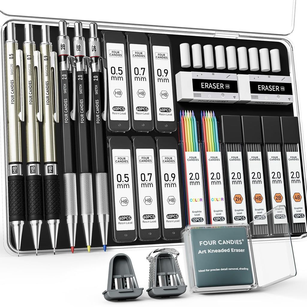 Mechanical pencil set with various lead sizes, colored pencils, erasers, and sharpeners in a case.