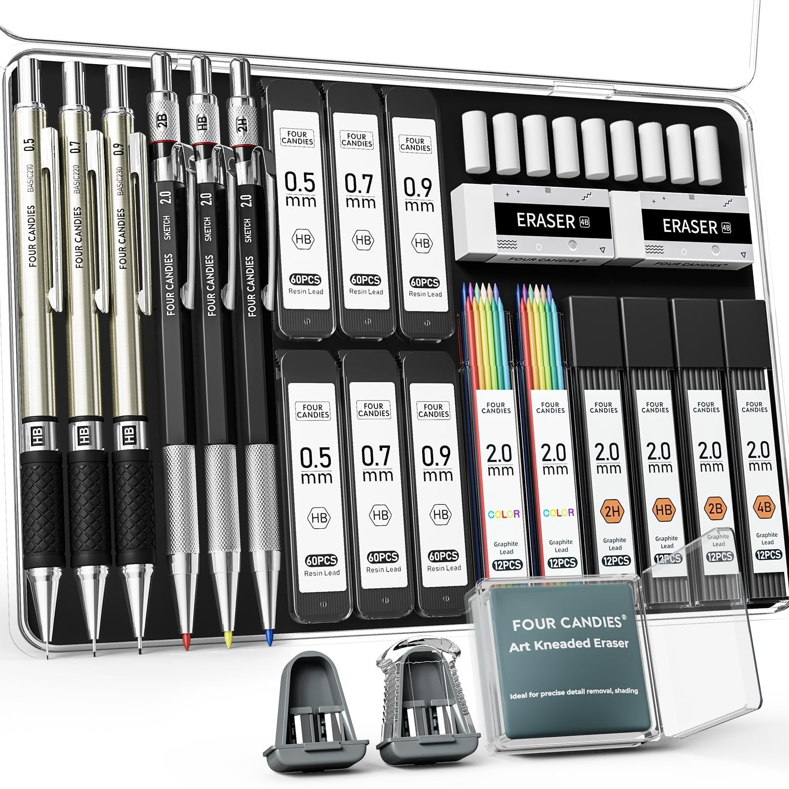 Mechanical pencil set with various lead sizes, colored pencils, erasers, and sharpeners in a case.