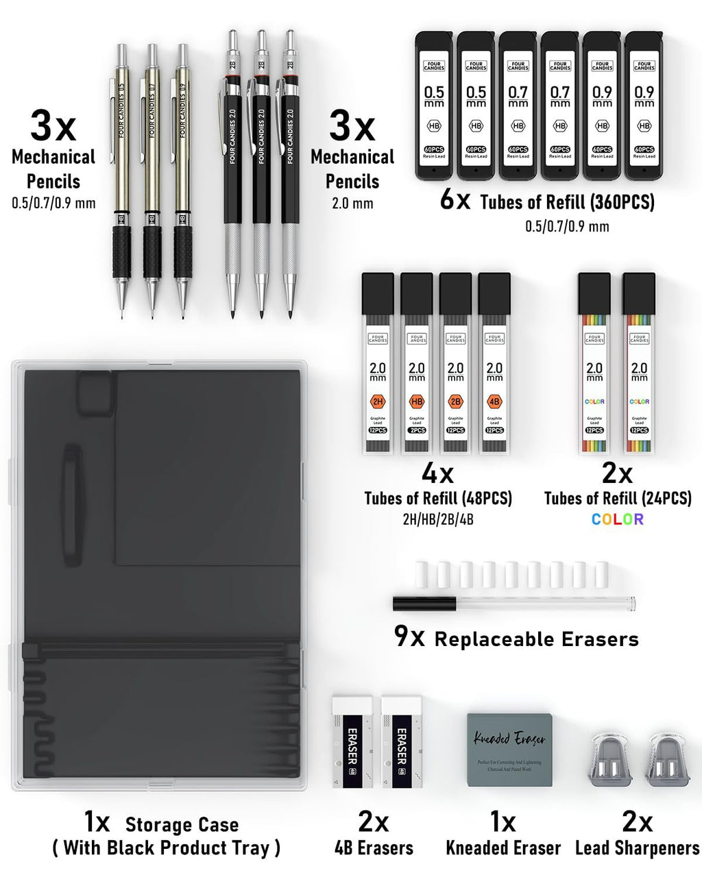 Complete mechanical pencil set with storage case, pencils, lead refills, erasers, and sharpeners. Top view.