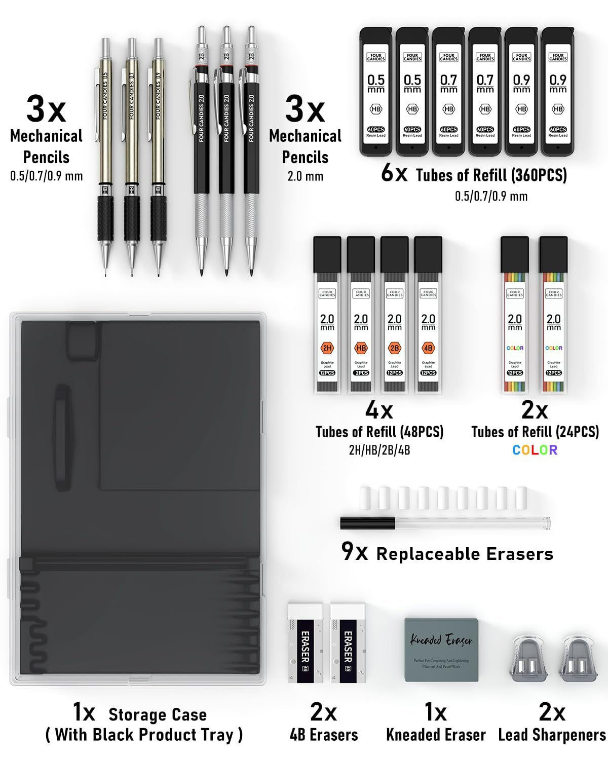 Complete mechanical pencil set with storage case, pencils, lead refills, erasers, and sharpeners. Top view.