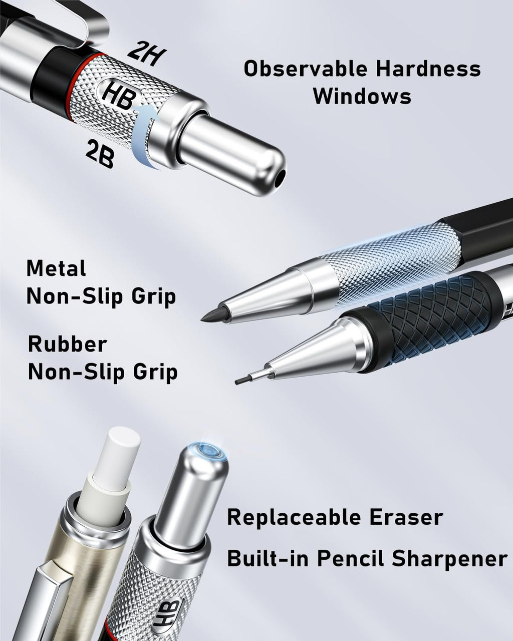 Mechanical pencils showing observable hardness windows, metal and rubber non-slip grips, replaceable eraser, and built-in sharpener.