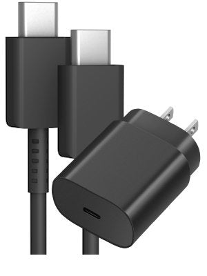 Black USB-C fast wall charger and cable with USB-C connectors shown from the front.