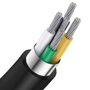 Close-up of a black USB-C cable with its outer sheath peeled back to reveal four insulated wires: white, green, yellow, and silver strands.