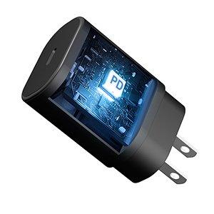 Black USB-C fast wall charger with internal circuit board visible, showing 'PD' logo.